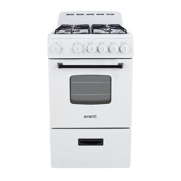 Avanti Gas Range Oven, Compact Freestanding Design, 4 Sealed Burners with Electronic Ignition, 2.1 Cu.Ft. Capacity Features Framed Glass Door Storage Drawer Broiler and Accessories, 20-Inch, White