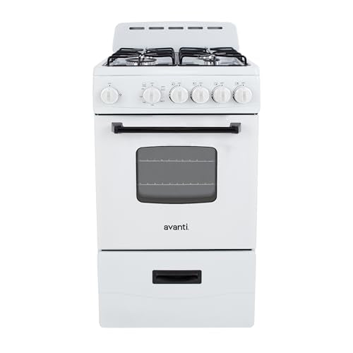 Avanti Gas Range Oven, Compact Freestanding Design, 4 Sealed Burners with Electronic Ignition, 2.1 Cu.Ft. Capacity Features Framed Glass Door Storage Drawer Broiler and Accessories, 20-Inch, White