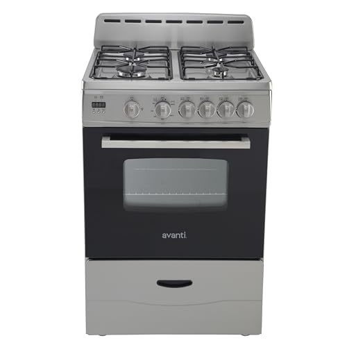 Avanti Compact Gas Range Oven 24-Inch with 4 Sealed Burners Automatic Electronic Ignition Large 2.6 cu.ft. Oven Storage Drawer Glass Door and Oven Light, in Stainless Steel