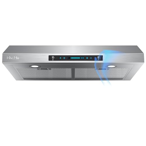 HisoHu 30 Inch Under Ducted Cabinet Range Hood with 1200 CFM, 4 Speed Gesture Sensing Kitchen Exhaust Hood & Touch Control Panel, Stainless Steel Stove Vent Hood with 2 LED Lights