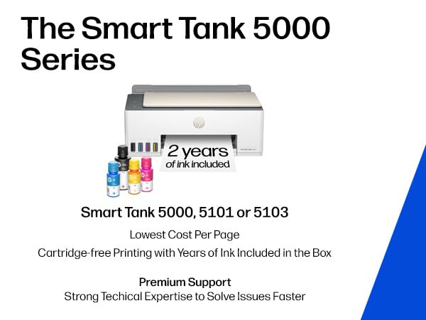 HP Smart Tank 5101 Wireless All-in-One Refillable Printer, Scanner, Copier with 2 Years of Ink Included, Wireless (2.4ghz only) Printer-for-Home use (1F3Y0A)