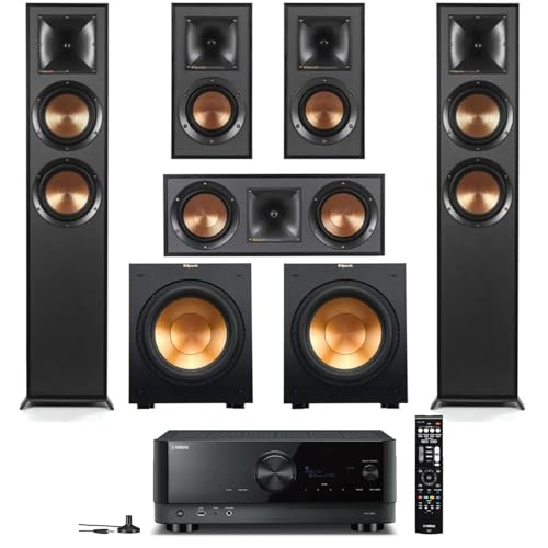Klipsch Reference 5.2 Home Theater System, Bundle 2X R-625FA Floorstanding 2X R-12SW Subwoofer, R-52C Center, R-41M Bookshelf Speakers, and Yamaha RX-A2AB 7.2-Channel AV Receiver