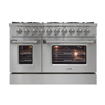 DUURA Elite Gas Range Cooktop, 48-Inch with Double Porcelain Convection Oven and Broil Function, 8 Sealed Burners Continuous Grates with Stainless Steel Construction, 6.7-Cu.Ft, Metallic