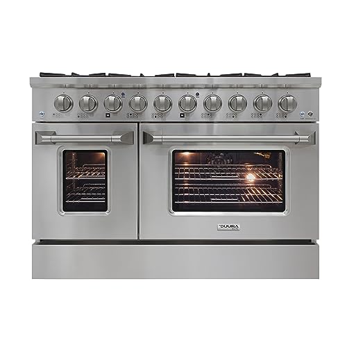 DUURA Elite Gas Range Cooktop, 48-Inch with Double Porcelain Convection Oven and Broil Function, 8 Sealed Burners Continuous Grates with Stainless Steel Construction, 6.7-Cu.Ft, Metallic
