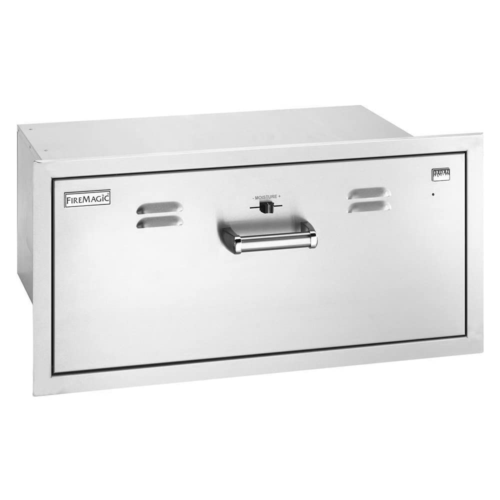 Fire Magic Premium Flush Electric Warming Drawer, 32.25x14.5 Inch Stainless Steel Food Warmer Drawer Unit with Sliding Humidity Control Knob, Food Warming Outdoor Kitchen Storage (53830-SW)