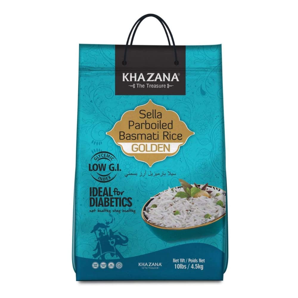 Authentic Ultra Long Sella Parboiled Basmati Rice by Khazana in 10 lb Bag - Aromatic and Flavorful Indian Grain - Non-GMO, Gluten Free, Kosher, Cholesterol Free
