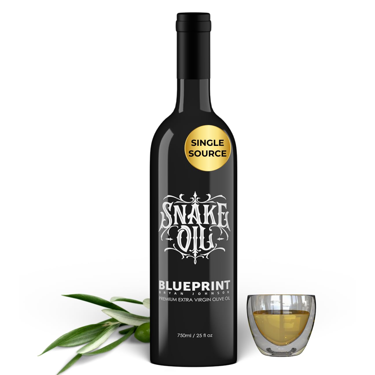 Blueprint Bryan Johnson Olive Oil – Snake Oil- High Polyphenol Extra Virgin Olive Oil (400+ mg/kg) – Early Harvest, First Cold Press EVOO – Keto, Paleo, Non-GMO – 2 Pack - 750ml Glass Bottle