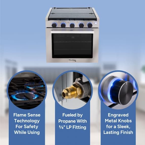 RecPro RV Stove | Gas Range 21" Tall | Optional Vented Range Hood | 3 Burner | 1.8 Cu. Ft | 7100 BTU | Black or Silver Color Options (Silver, No Vented Range Hood)