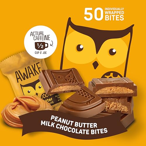 AWAKE - Caffeinated Chocolate Bites - Caramel Milk Chocolate, 50 Bites - 50mg Caffeine - Individually Wrapped Energy Bites - Coffee Alternative - Fairtrade, Gluten Free, Non GMO - 0.48oz