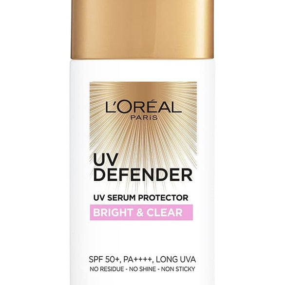 L’Oréal Paris Sunscreen, Non-Greasy, Brightening Sunscreen With Niacinamide, UVA & UVB Protection, With SPF 50 PA+++, Bright & Clear, UV Defender Serum Protector, 50 ml