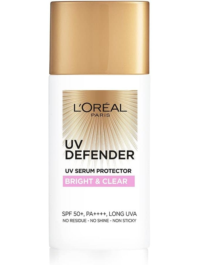 L’Oréal Paris Sunscreen, Non-Greasy, Brightening Sunscreen With Niacinamide, UVA & UVB Protection, With SPF 50 PA+++, Bright & Clear, UV Defender Serum Protector, 50 ml