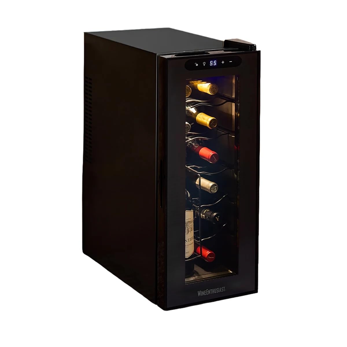 Wine Enthusiast 18-Bottle Slimline Dual Zone Wine Cooler - Energy Efficient Freestanding Wine Refrigerator - Upright Bottle Storage, Adjustable Thermostat, Digital Touchscreen (20.5” x 10.7" x 36.8”)