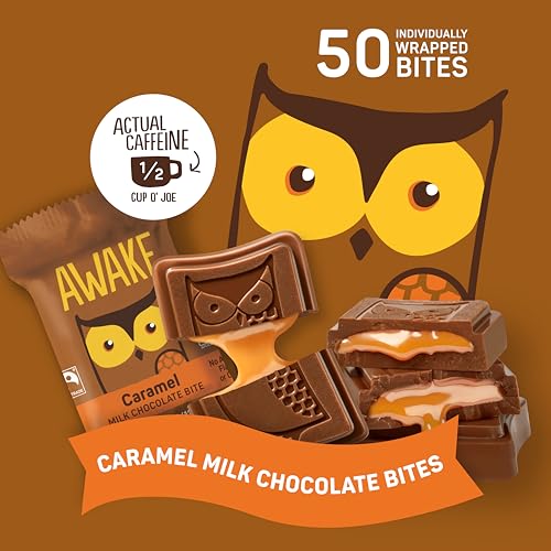 AWAKE - Caffeinated Chocolate Bites - Caramel Milk Chocolate, 50 Bites - 50mg Caffeine - Individually Wrapped Energy Bites - Coffee Alternative - Fairtrade, Gluten Free, Non GMO - 0.48oz