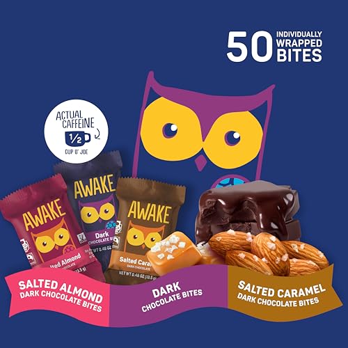 AWAKE - Caffeinated Chocolate Bites - Caramel Milk Chocolate, 50 Bites - 50mg Caffeine - Individually Wrapped Energy Bites - Coffee Alternative - Fairtrade, Gluten Free, Non GMO - 0.48oz