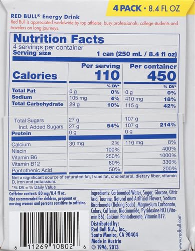 Red Bull Energy Drink with 80mg Caffeine plus Taurine & B Vitamins, 8.4 Fl Oz, 6 Packs of 4 Cans (Pack of 24)