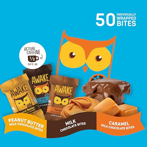 AWAKE - Caffeinated Chocolate Bites - Caramel Milk Chocolate, 50 Bites - 50mg Caffeine - Individually Wrapped Energy Bites - Coffee Alternative - Fairtrade, Gluten Free, Non GMO - 0.48oz