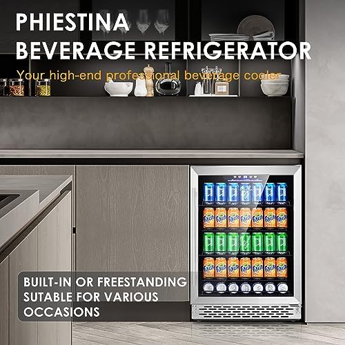 Phiestina Beverage Fridge, 24 Inch Wine and Beverage Refrigerator, Under Counter Wine Cooler- 20 Bottles & 76 Cans, Built-in/Freestanding Dual Zone with Glass Door