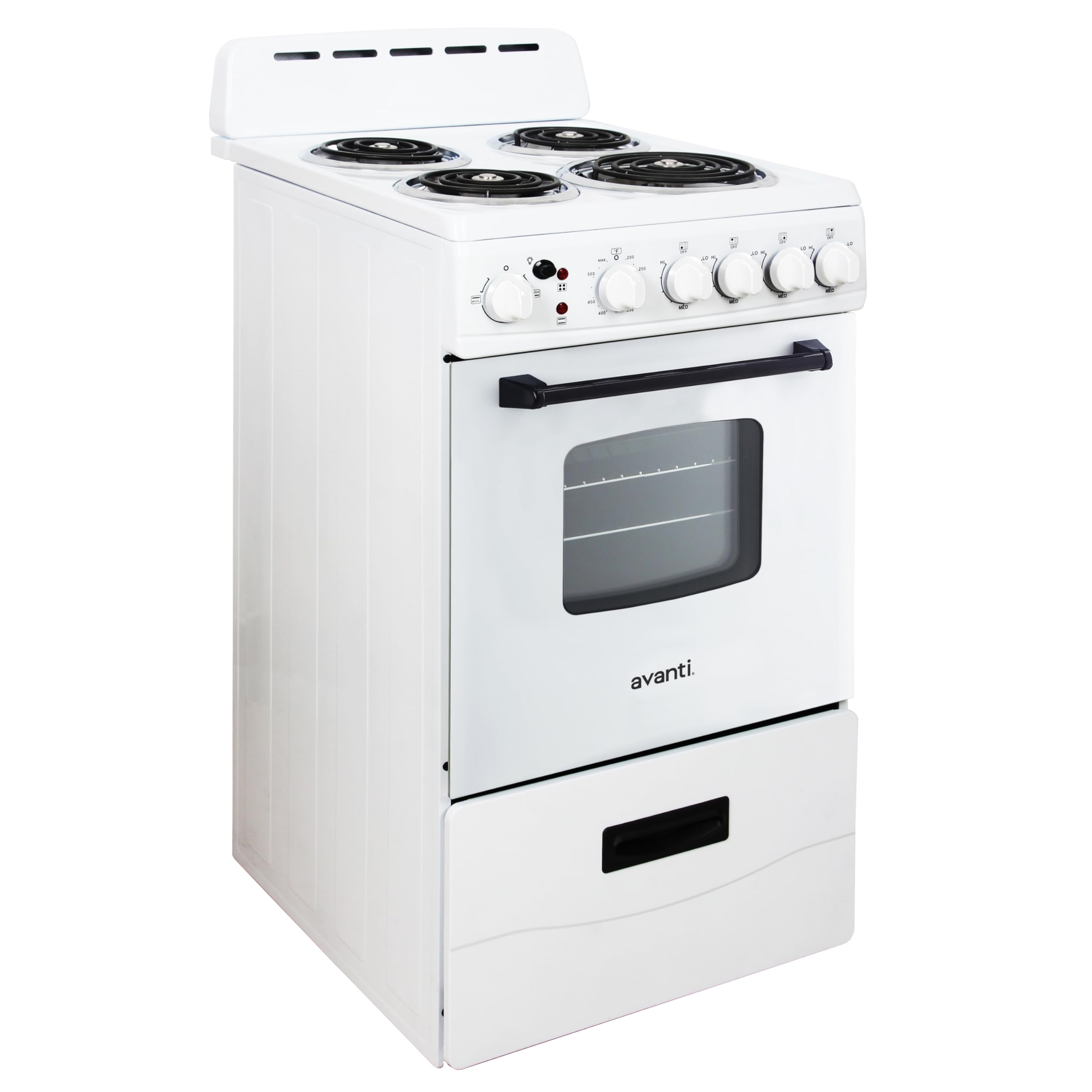 Avanti Electric Range Oven Compact Design, 2.1-Cu.Ft. Capacity with 4 Coil Burners, Framed Glass Oven Door, Storage Drawer and Broiler with Pan Perfect for Apartments, 20-Inch, Stainless Steel