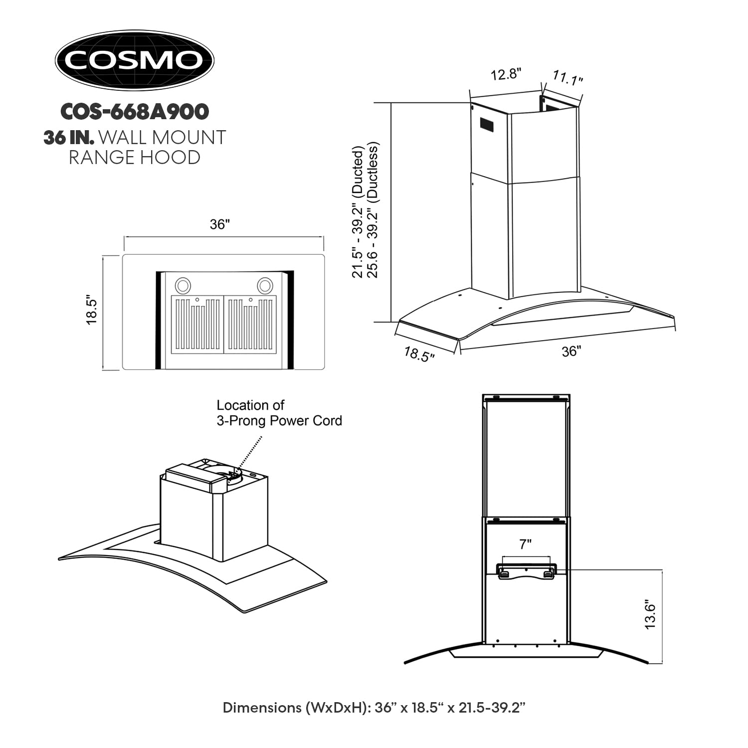 COSMO COS-668AS750 30 in. Vista Collection 380 CFM Ducted Wall Mount Range Hood, Touch Controls, LED Lights, Stainless Steel
