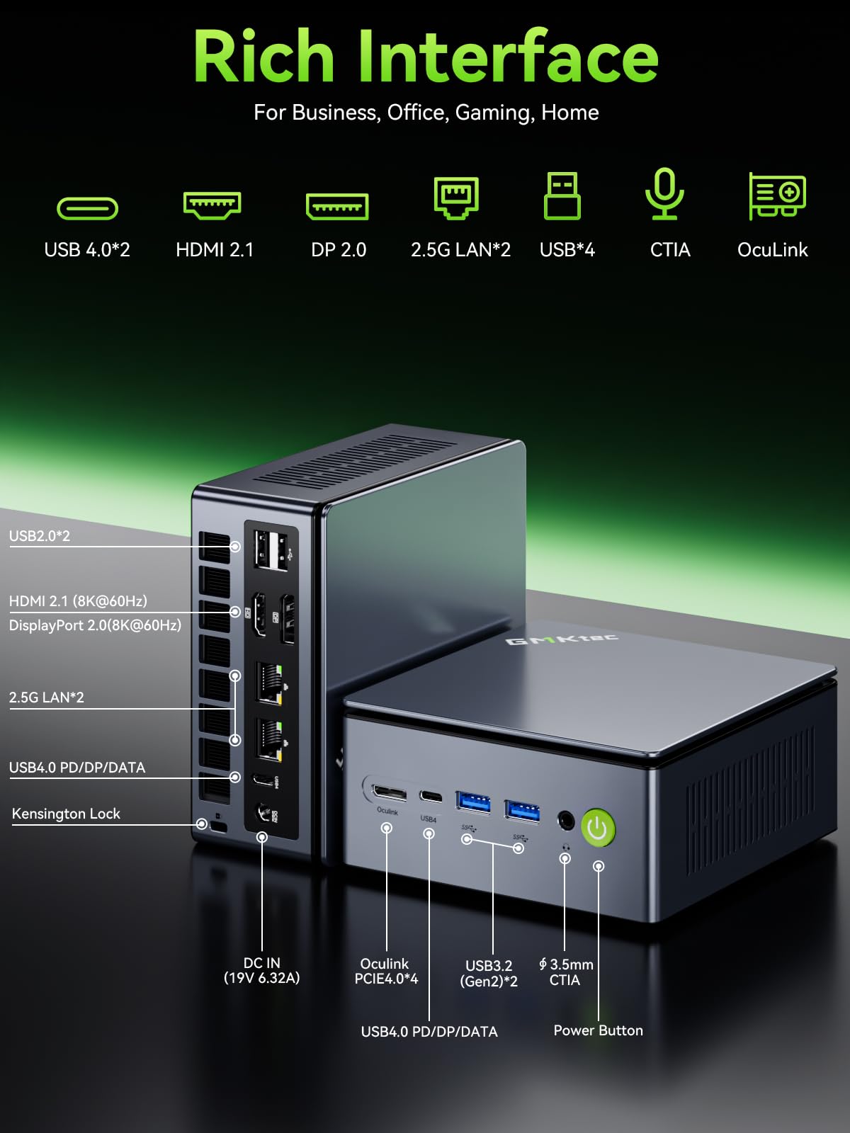 GMKtec K12 Gaming Mini PC Oculink AMD Ryzen 7 H 255 (Upgraded 8745HS) 32GB DDR5 RAM 512GB SSD, Desktop Computer Radeon 780M Graphics, 3X M.2 2280 Storage Expansion, Dual NIC 2.5G, HDMI 2.1, USB4