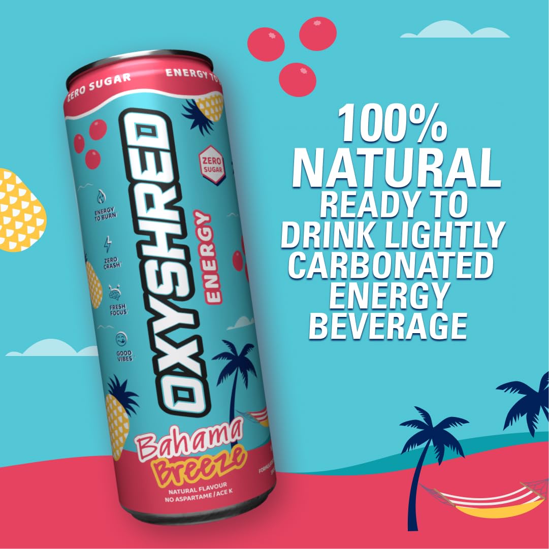 EHP Labs OxyShred Healthy Energy Drink - Zero Sugar Energy Drinks with Amino Acids, Green Tea Extract, Vitamin C & L Carnitine - Zero Carbs, Zero Calories, Clean Caffeine, Bahama Breeze (12-Pack)
