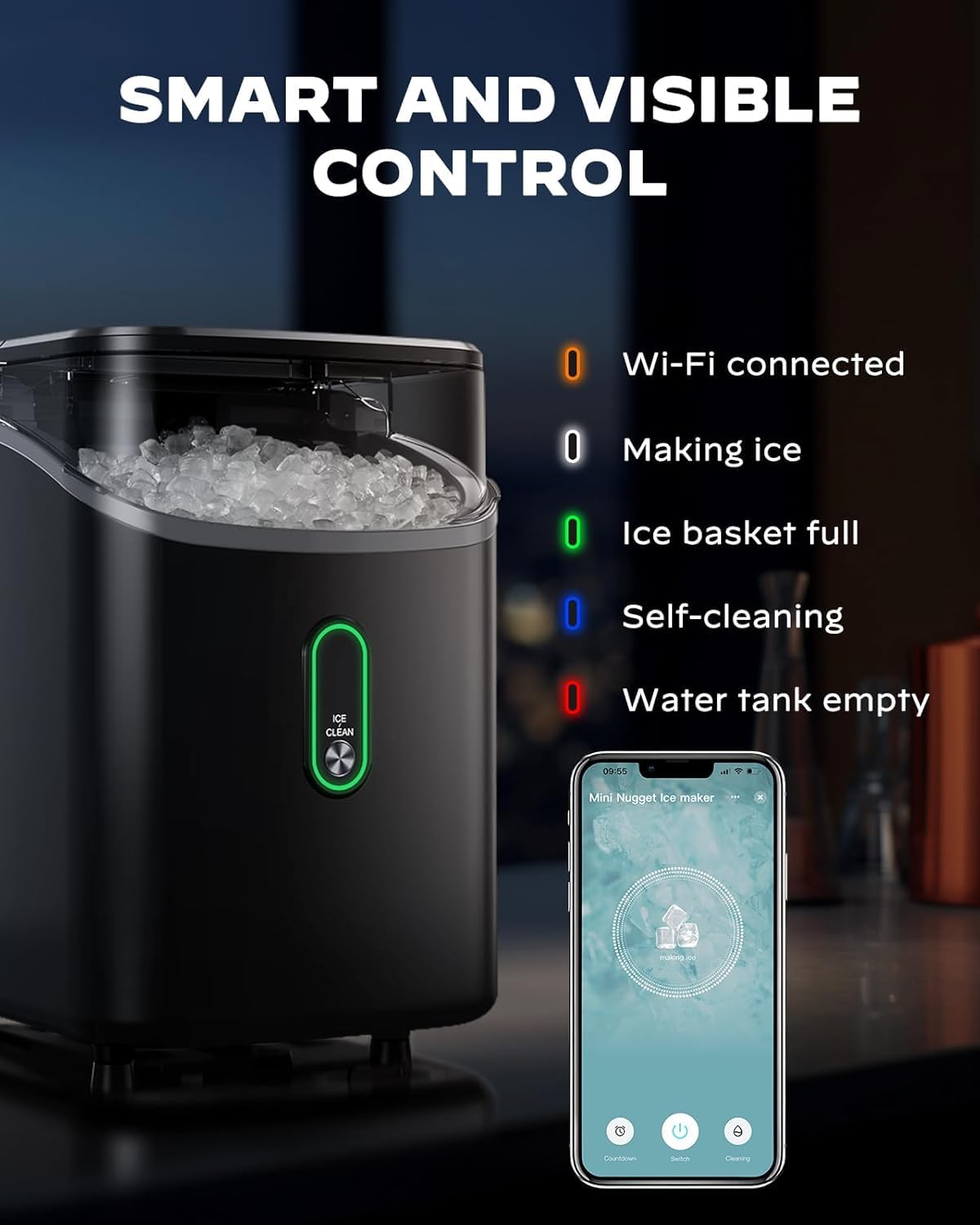 Silonn Ice Maker Countertop, Portable Ice Machine with Carry Handle, Self-Cleaning Ice Makers with Basket and Scoop, 9 Cubes in 6 Mins, 26 lbs per Day, Ideal for Home, Kitchen, Camping, RV