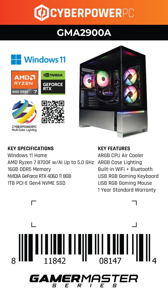 CyberPowerPC Gamer Master Gaming PC, AMD Ryzen 7 8700F 4.1GHz, GeForce RTX 5060 Ti 8GB, 16GB DDR5, 1TB PCIe 4.0 SSD, WiFi Ready & Windows 11 Home (GMA2900A3)