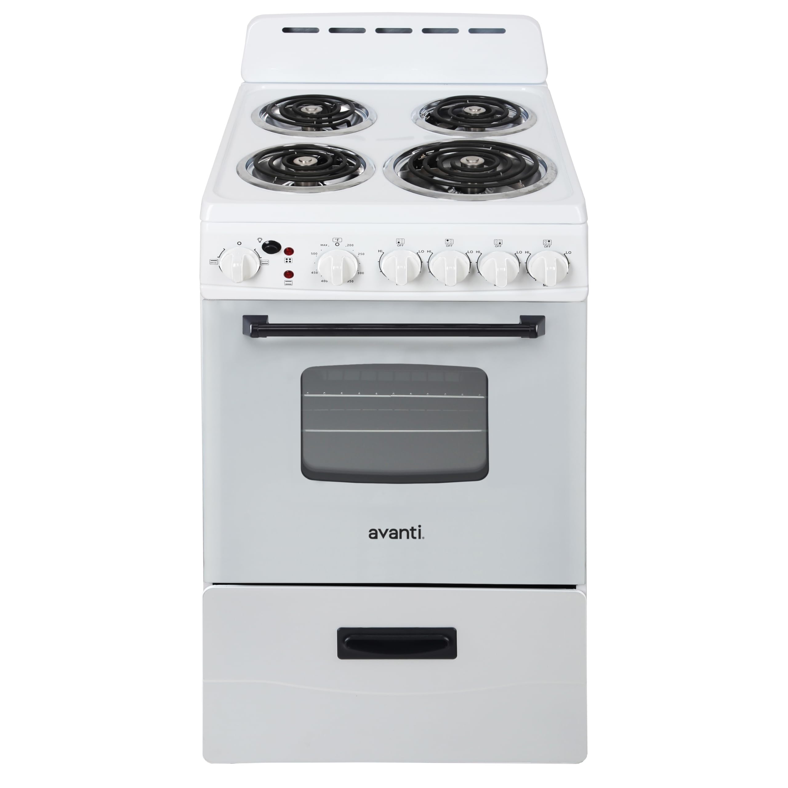 Avanti Electric Range Oven Compact Design, 2.1-Cu.Ft. Capacity with 4 Coil Burners, Framed Glass Oven Door, Storage Drawer and Broiler with Pan Perfect for Apartments, 20-Inch, Stainless Steel
