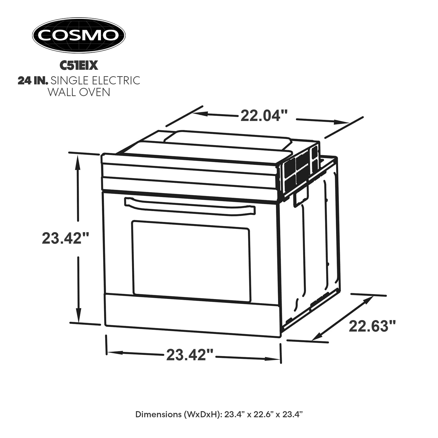 COSMO C51EIX 24 in. Lumin Collection 24 in. Lumin Collection 2.9 cu. ft. Electric Wall Oven, 8 Functions & Turbo True European Convection in Stainless Steel