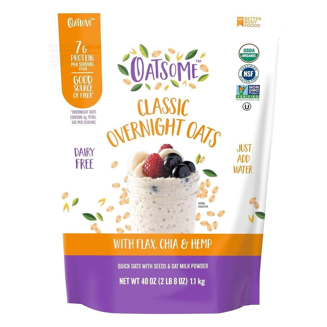 Oatsome Organic Overnight Oats with Chia, Flax, & Hemp, Gluten-Free Oatmeal with 7g of Protein, 2 lb 8 oz (40oz) Bag