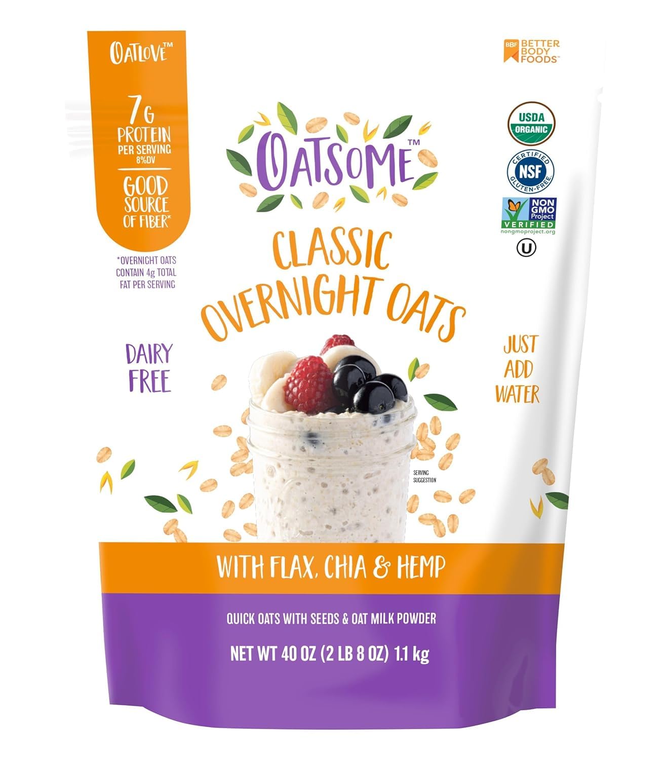 Oatsome Organic Overnight Oats with Chia, Flax, & Hemp, Gluten-Free Oatmeal with 7g of Protein, 2 lb 8 oz (40oz) Bag