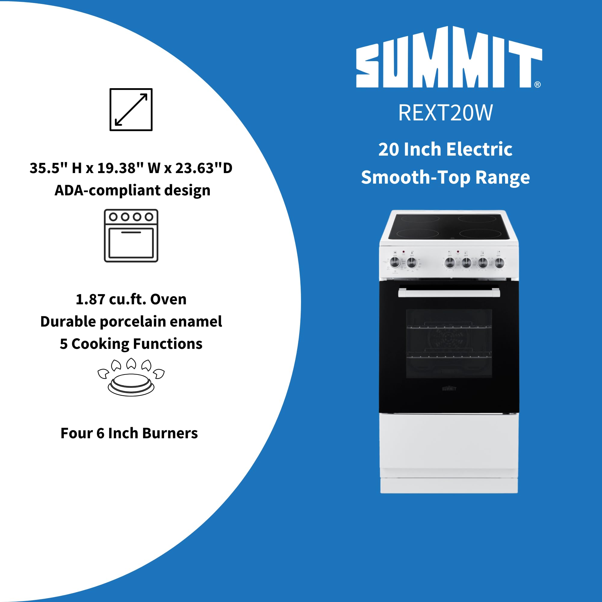 Summit 24” Electric Smooth Top Range, Large 2.44 cu.ft. oven. ADA Compliant, White- REXT24W