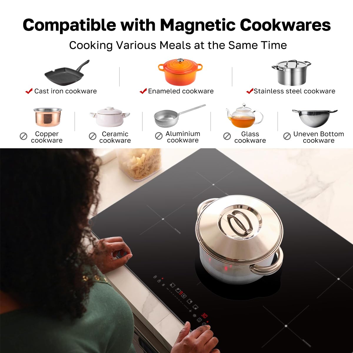 ThermoMate 30 Inch Induction Cooktop, 7200W Built in Induction Stove Top, Electric Cooktop with 4 Boost Burner, 9 Heating Level, Timer & Child Safety Lock, Sensor Touch Control, 240V