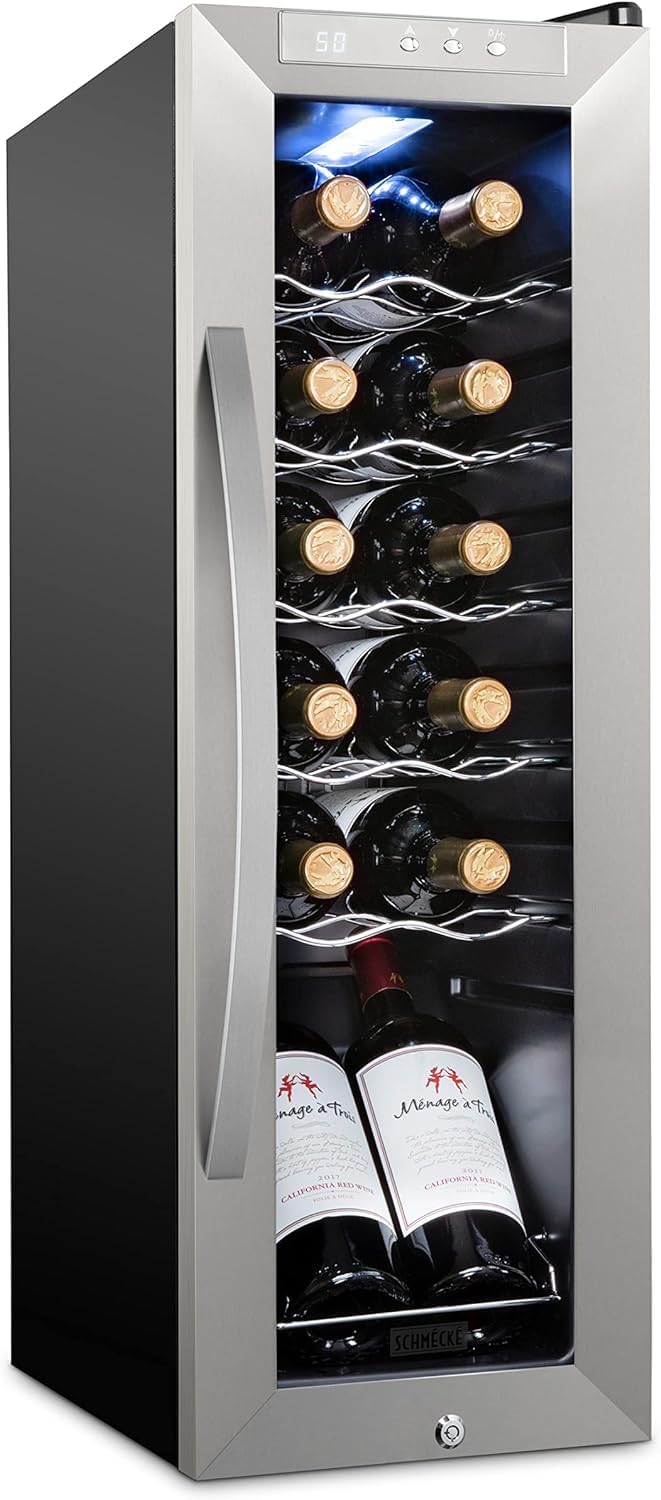 SCHMECKE 28 Bottle Compressor Wine Cooler Refrigerator w/Lock - Large Freestanding Wine Cellar - 41f-64f Digital Temperature Control Wine Fridge For Red, White, Champagne or Sparkling Wine - Black