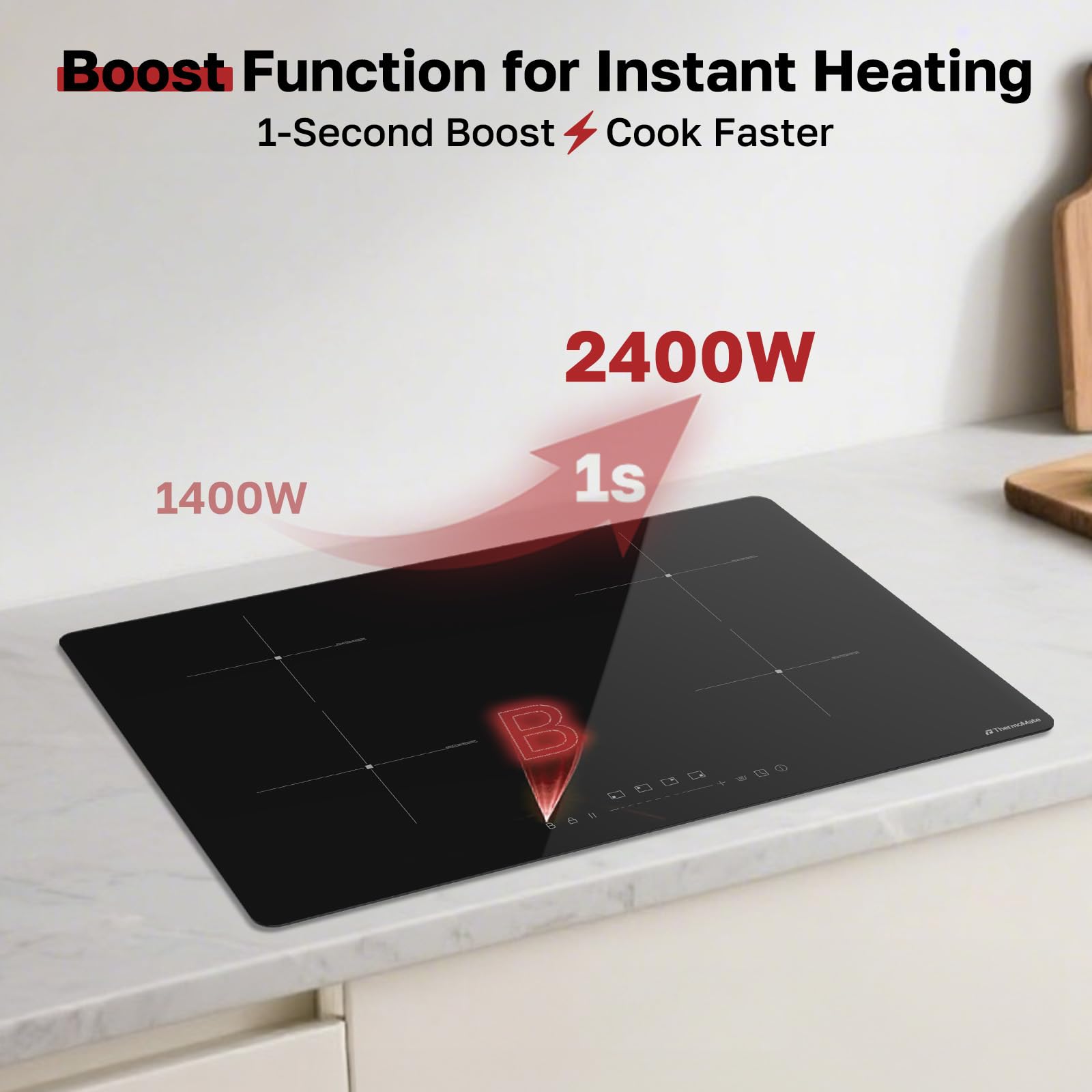 ThermoMate 30 Inch Induction Cooktop, 7200W Built in Induction Stove Top, Electric Cooktop with 4 Boost Burner, 9 Heating Level, Timer & Child Safety Lock, Sensor Touch Control, 240V