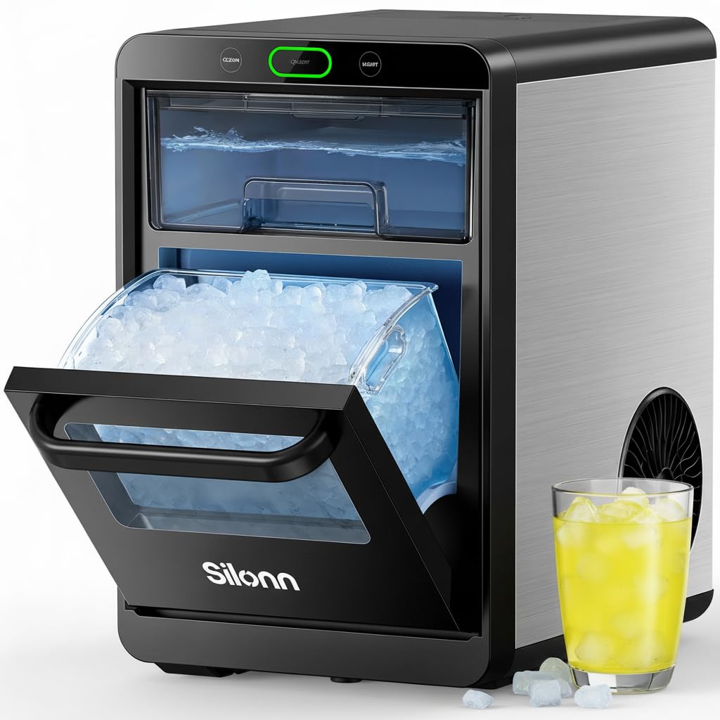Silonn Ice Maker Countertop, Portable Ice Machine with Carry Handle, Self-Cleaning Ice Makers with Basket and Scoop, 9 Cubes in 6 Mins, 26 lbs per Day, Ideal for Home, Kitchen, Camping, RV