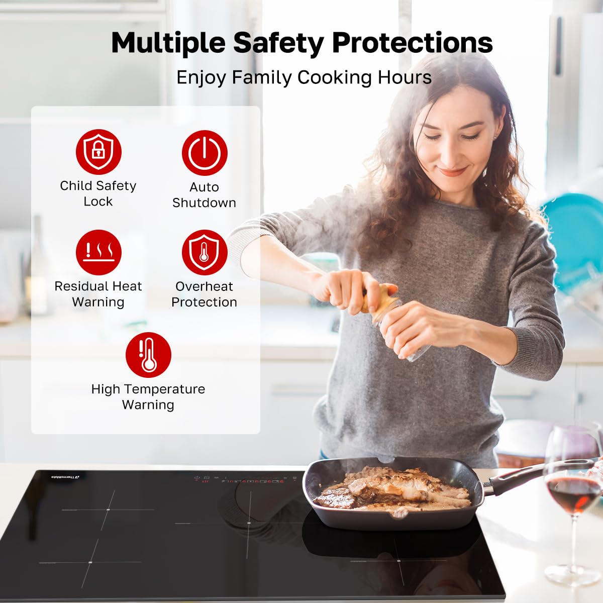 ThermoMate 30 Inch Induction Cooktop, 7200W Built in Induction Stove Top, Electric Cooktop with 4 Boost Burner, 9 Heating Level, Timer & Child Safety Lock, Sensor Touch Control, 240V