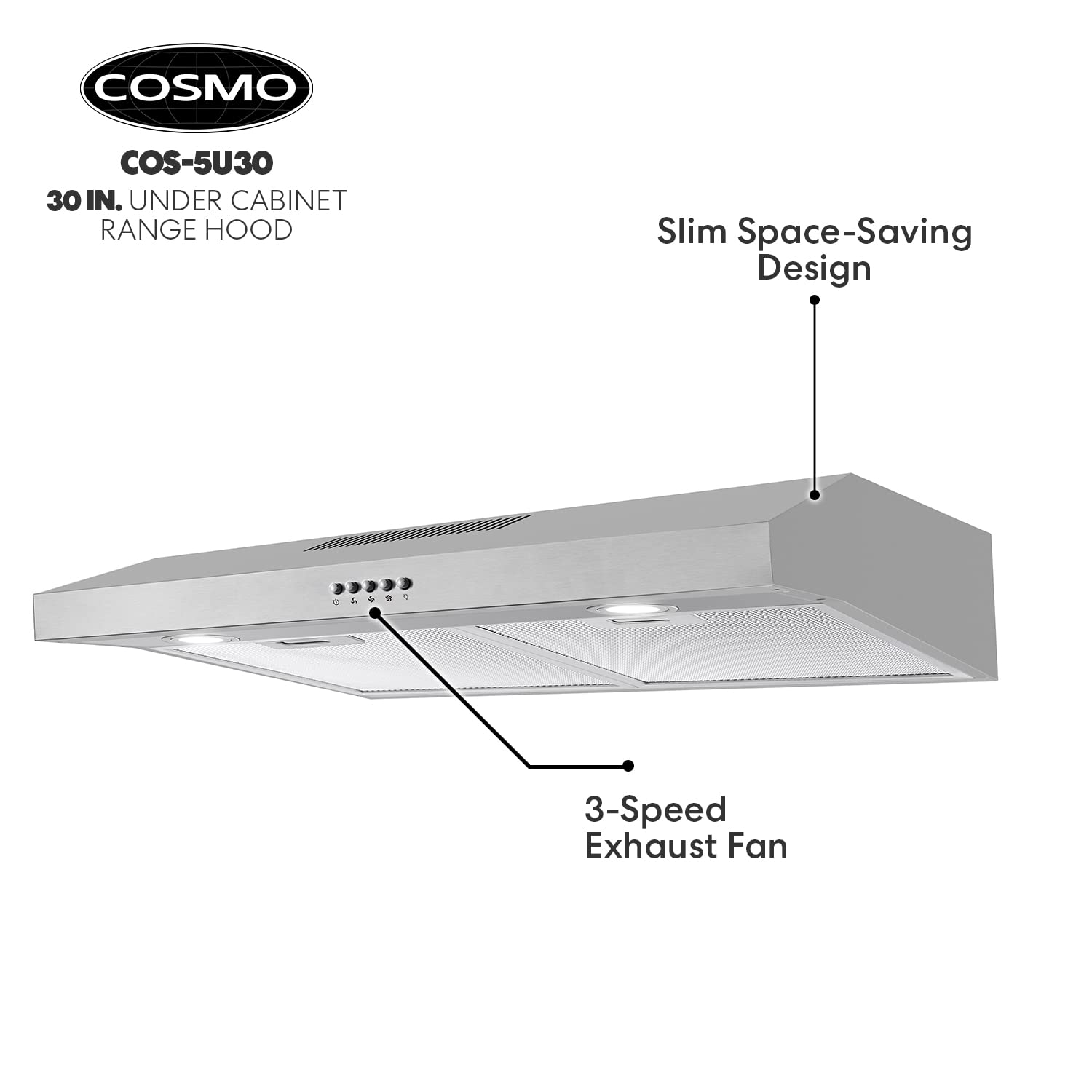 COSMO COS-5MU30 30 in. Delta Collection Ducted Under Cabinet Range Hood, Button Controls, Reusable Filters, LED Lights, Stainless Steel