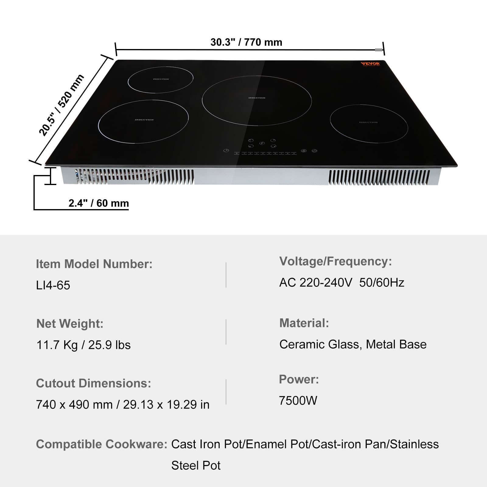 VEVOR Built-in Induction Electric Stove Top 30 Inch,5 Burners Electric Cooktop,9 Power Levels & Sensor Touch Control,Easy to Clean Ceramic Glass Surface,Child Safety Lock,240V