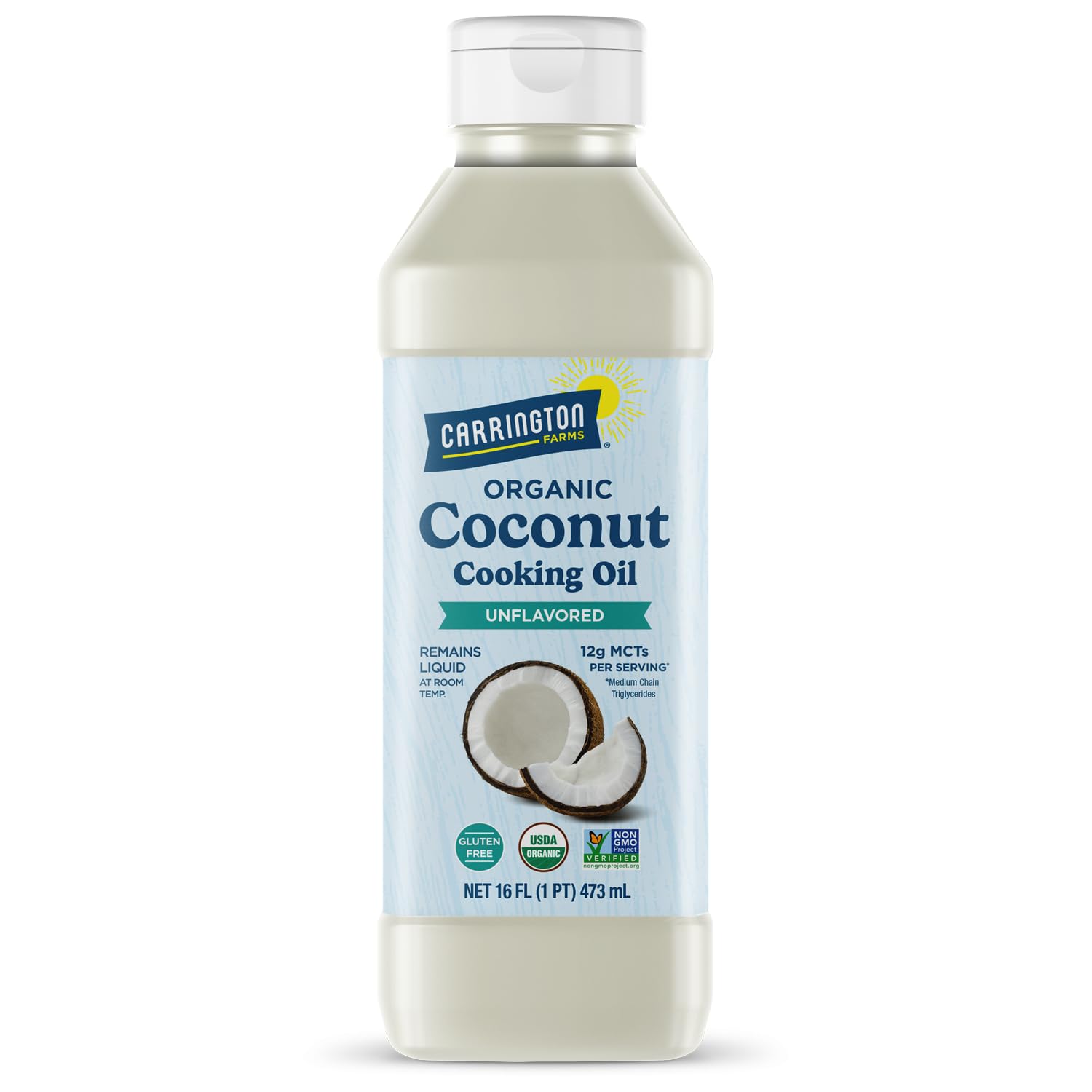 Carrington Farms Organic Liquid Coconut Cooking Oil, 32 Fl Oz –Unflavored, Unscented, High Smoke Point, MCT-Rich, No Trans Fat – For Cooking, Sautéing, Frying & Baking – Gluten Free, Non-GMO, Hexane Free, BPA Free Bottle