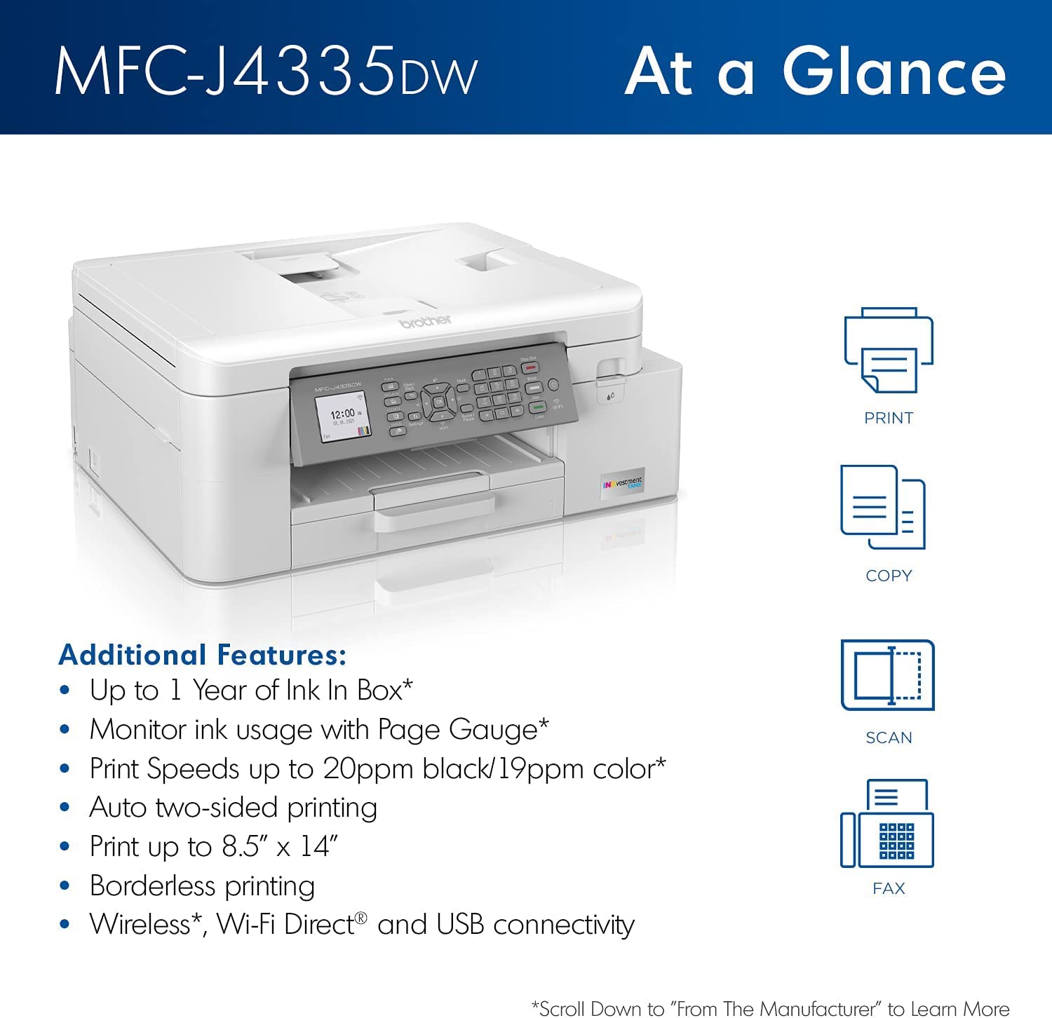 Brother INKvestment 4355 Wireless Color Inkjet All-in-One Printer with 1.8” Color Display and Manual Feed Slot | Includes Refresh Subscription Trial(1) (MFC-J4355DW)