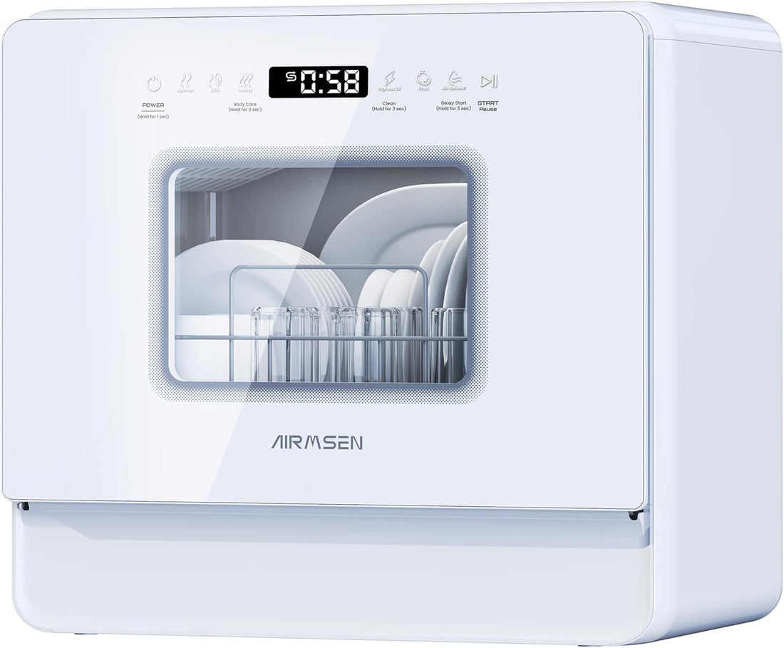 AIRMSEN Large Slim Countertop Dishwasher with Complete 2-Level Rack, Portable Dishwashers with 5L Built-in Water Tank, 3-Spray Arms & 12H Delay Start, No Hookup Needed, A01