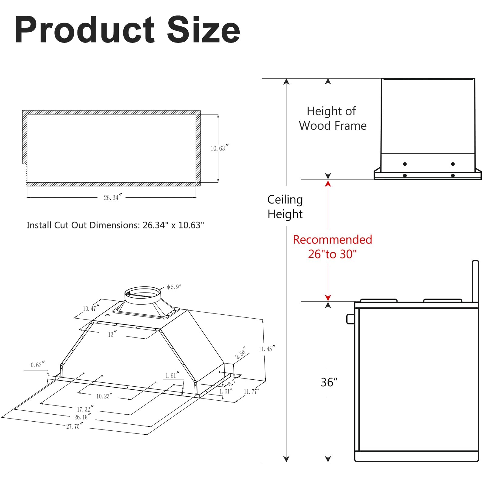 HisoHu 30 Inch Under Ducted Cabinet Range Hood with 1200 CFM, 4 Speed Gesture Sensing Kitchen Exhaust Hood & Touch Control Panel, Stainless Steel Stove Vent Hood with 2 LED Lights