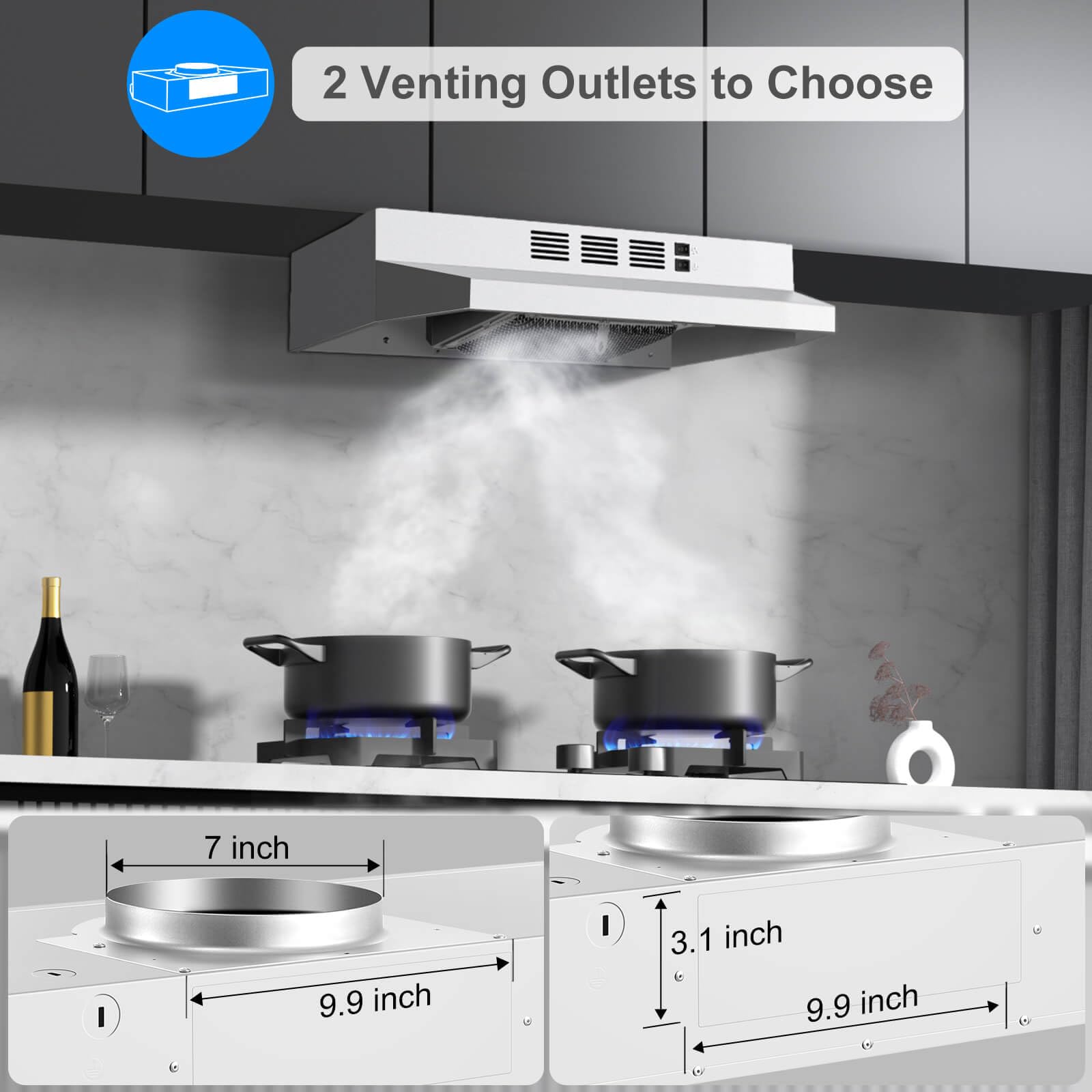 SNDOAS Range Hood 30 inch Under Cabinet, Ducted/Ductless Convertible Kitchen Hood, Stainless Steel Vent Hood with LED Light,Under Cabinet Hood with 2 Speed Exhaust Fan,Black