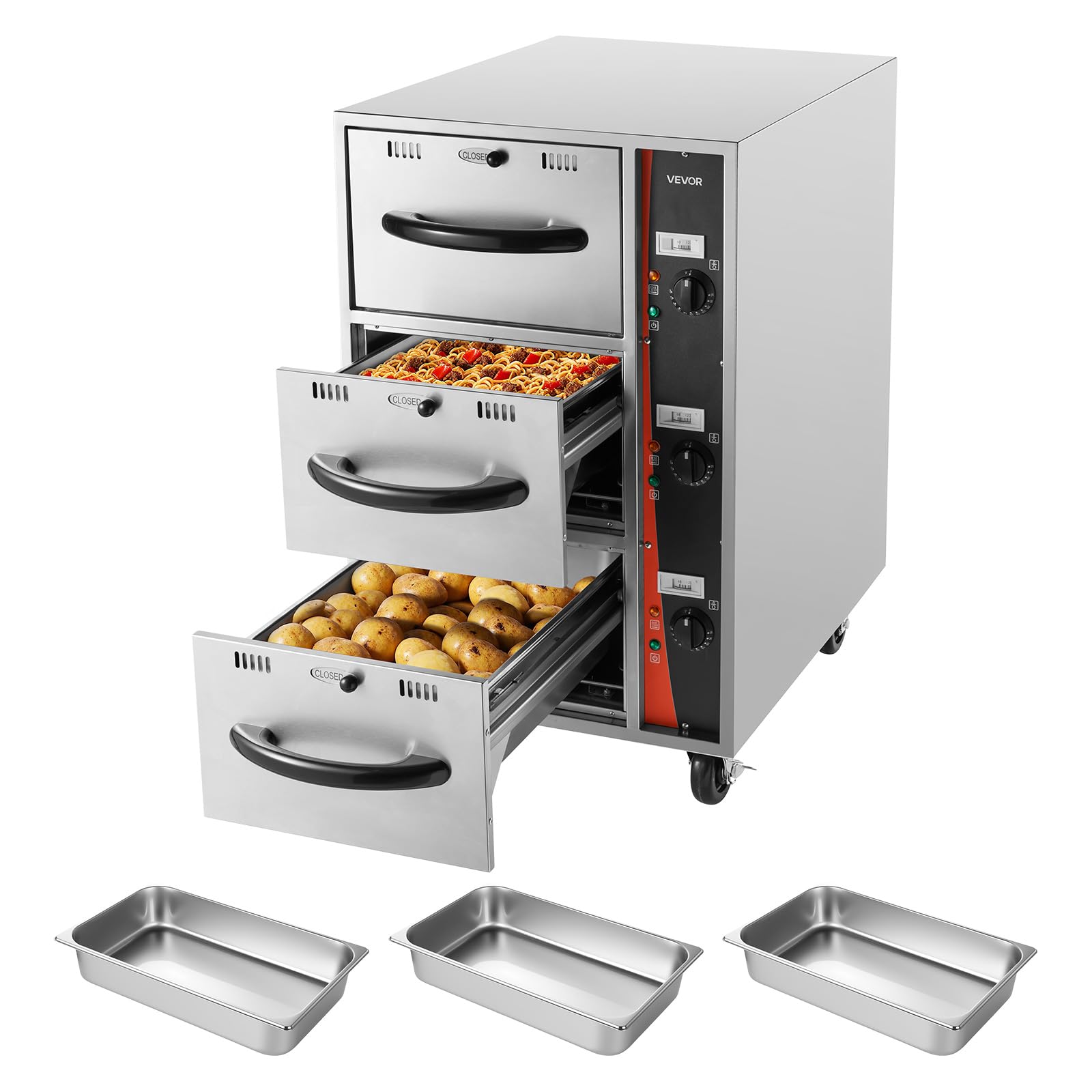 VEVOR Commercial Electric Drawer Warmer, Single-Drawer Stainless Steel Food Warmer, Freestanding Slim Warming Drawer Cabinet, 85°F–185°F Wide Temperature Range, for Restaurant, Hotel, Bakery & Kitchen