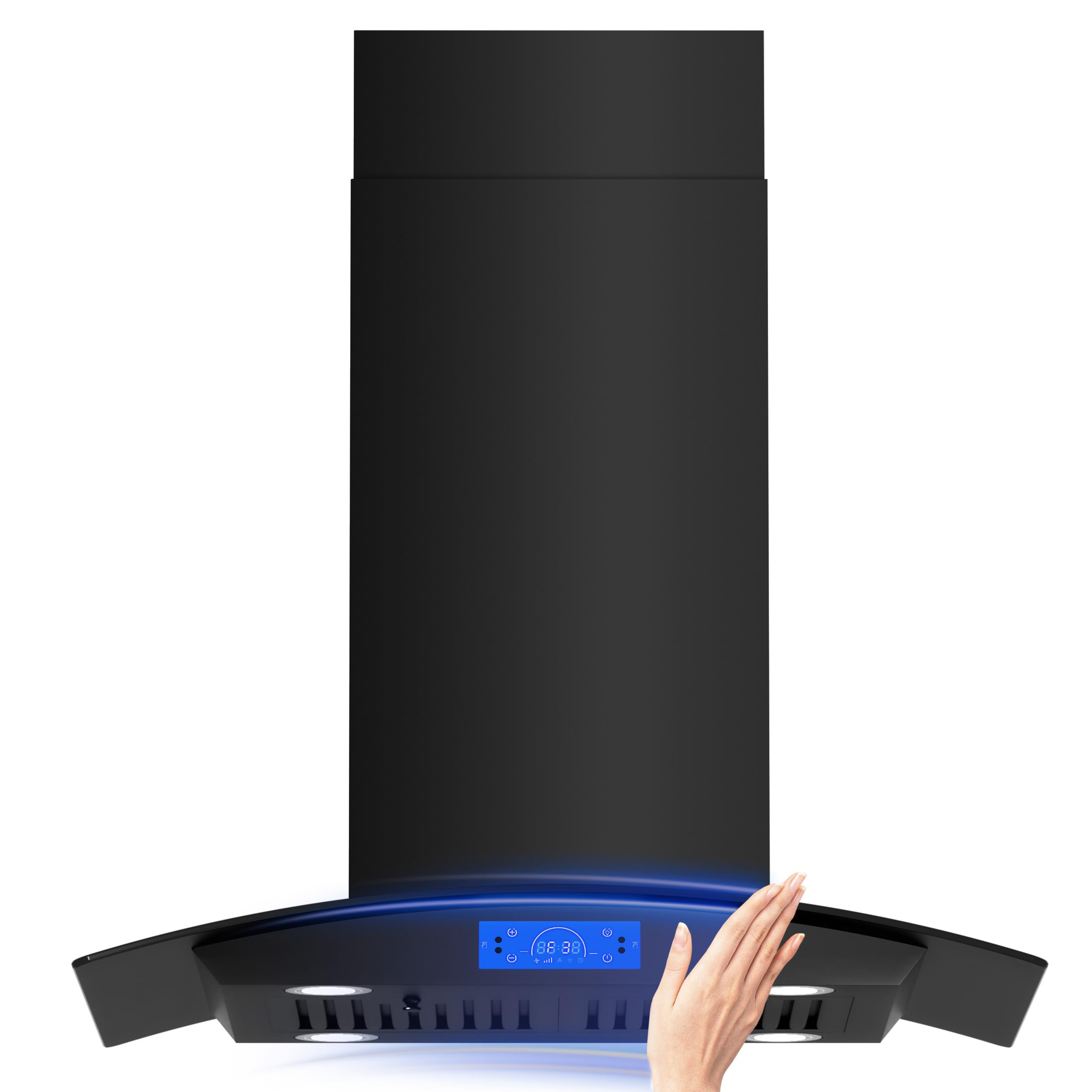 FIREGAS Island Range Hood 30 inch 700 CFM with Chimney, Ceiling Mount Kitchen Vent Hood with Tempered Glass, 4 LED Lights, Permanent Filters, Premium Touch Control Panel, Includes Charcoal Filter