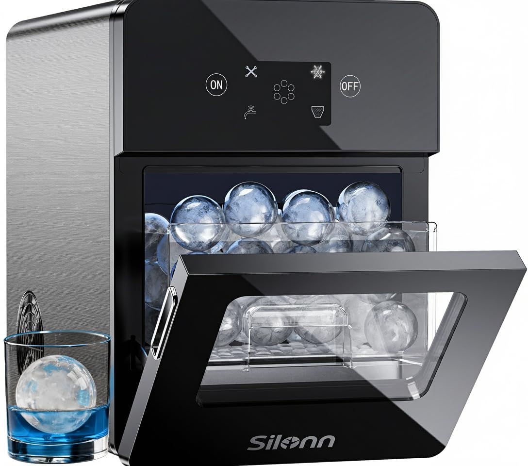 Silonn Ice Maker Countertop, Portable Ice Machine with Carry Handle, Self-Cleaning Ice Makers with Basket and Scoop, 9 Cubes in 6 Mins, 26 lbs per Day, Ideal for Home, Kitchen, Camping, RV