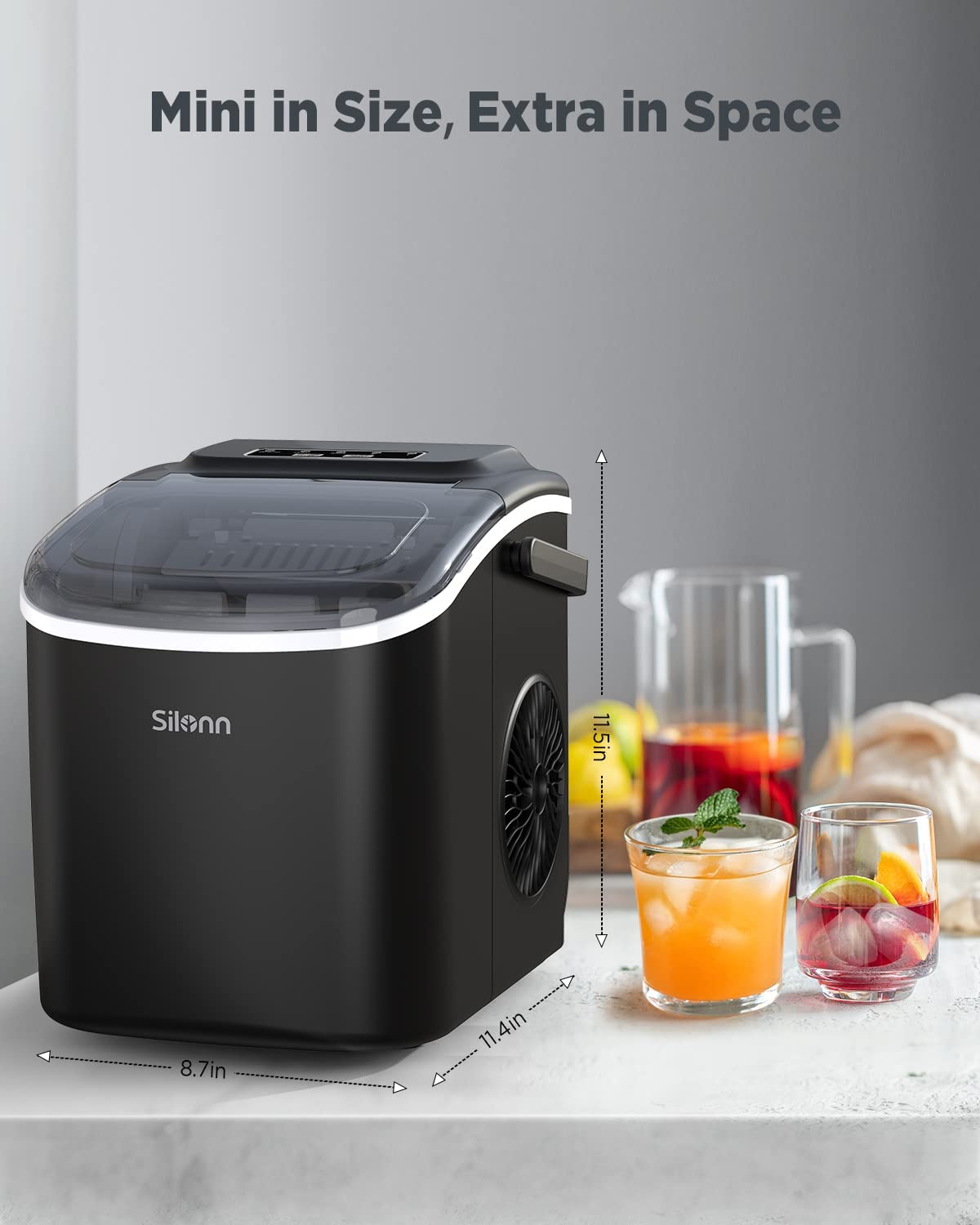 Silonn Ice Maker Countertop, Portable Ice Machine with Carry Handle, Self-Cleaning Ice Makers with Basket and Scoop, 9 Cubes in 6 Mins, 26 lbs per Day, Ideal for Home, Kitchen, Camping, RV