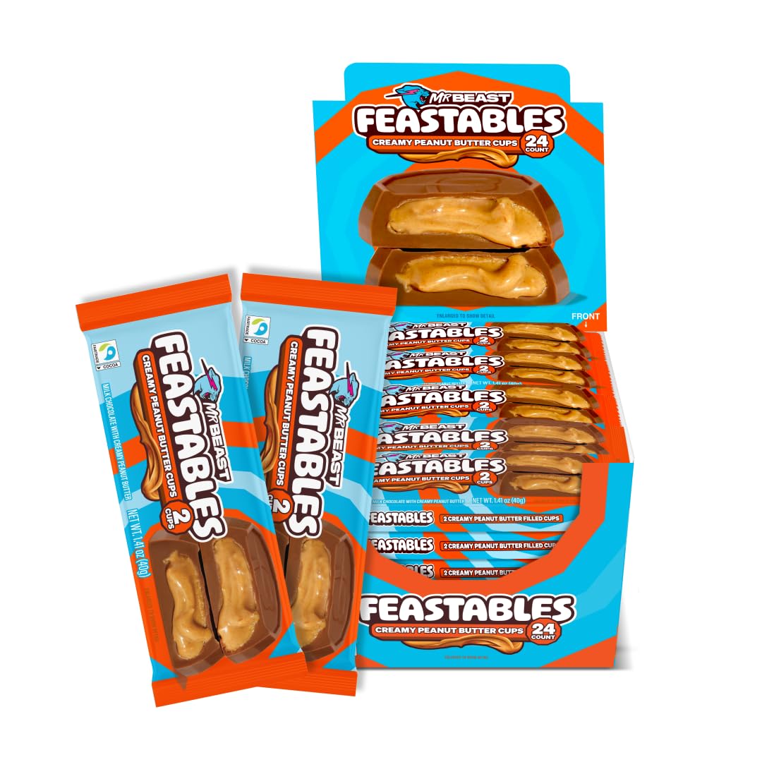 Feastables MrBeast Peanut Butter Jack-O-Lantern, Milk Chocolate & Creamy Peanut Butter Filling, Cups for Adults & Kids, Chocolate Candy for Halloween Snacks, Made With Fairtrade Cocoa, 30 Count