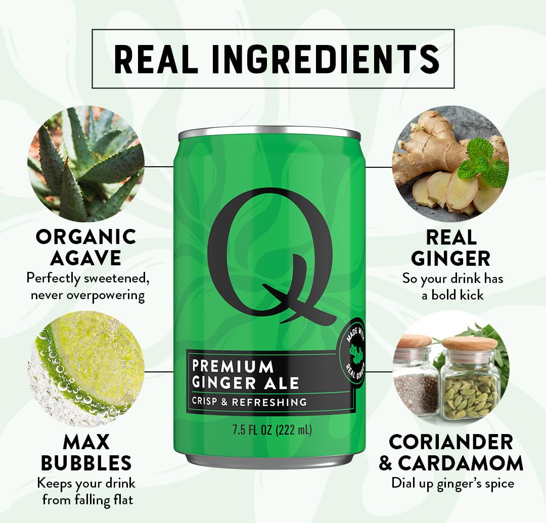 Q GINGER ALE with Real Ginger & Organic Agave - Ideal for Cocktails & Mocktails - Made with Real Ingredients, Perfectly Carbonated, & Less Sweet - 60 Calories per Can - 7.5 Fl oz Cans (Pack of 24)